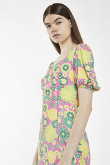 Pink-Multi-60S-Flower Square-Neck Midi-Dress