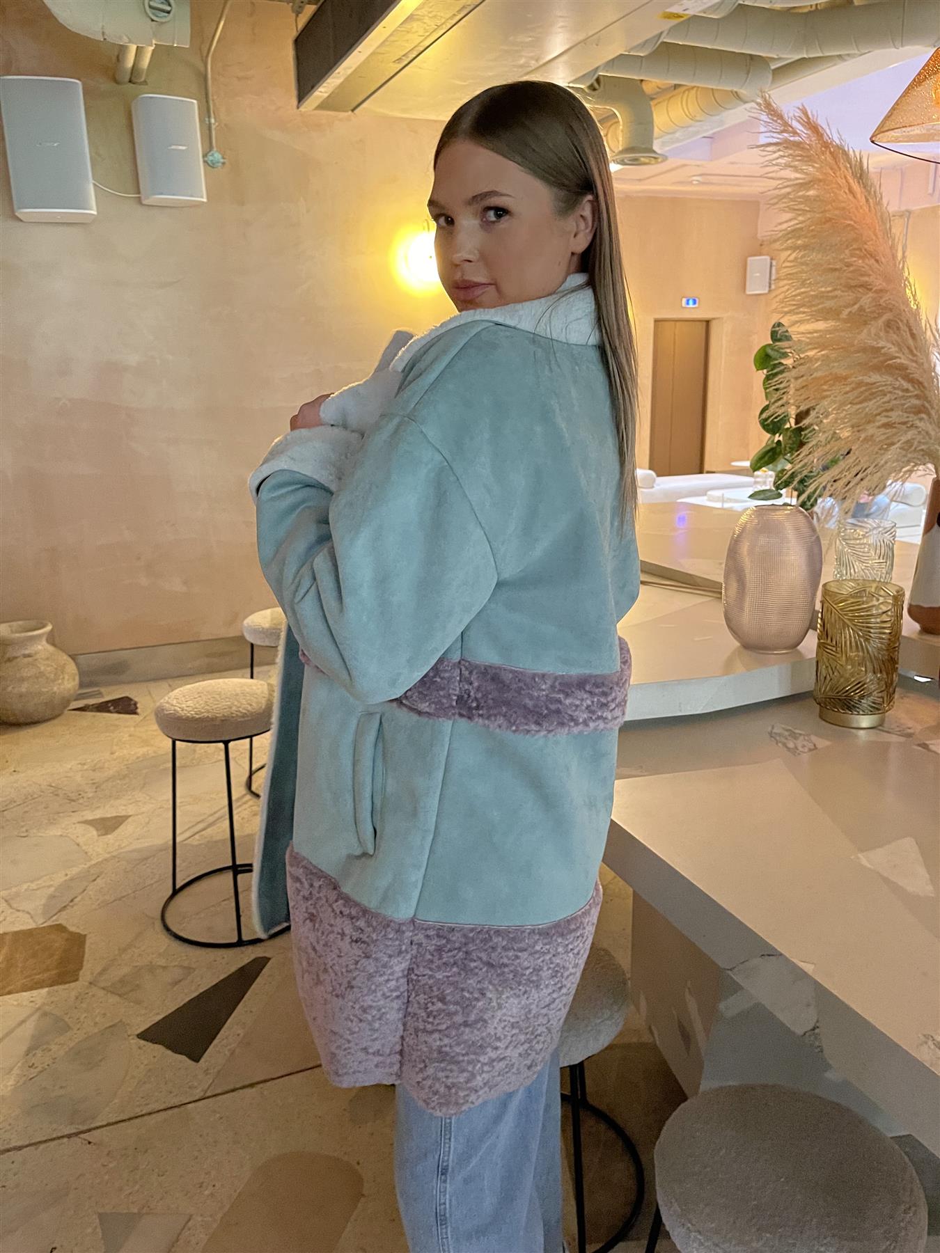 Seafoam-Green Mauve patchwork Coat