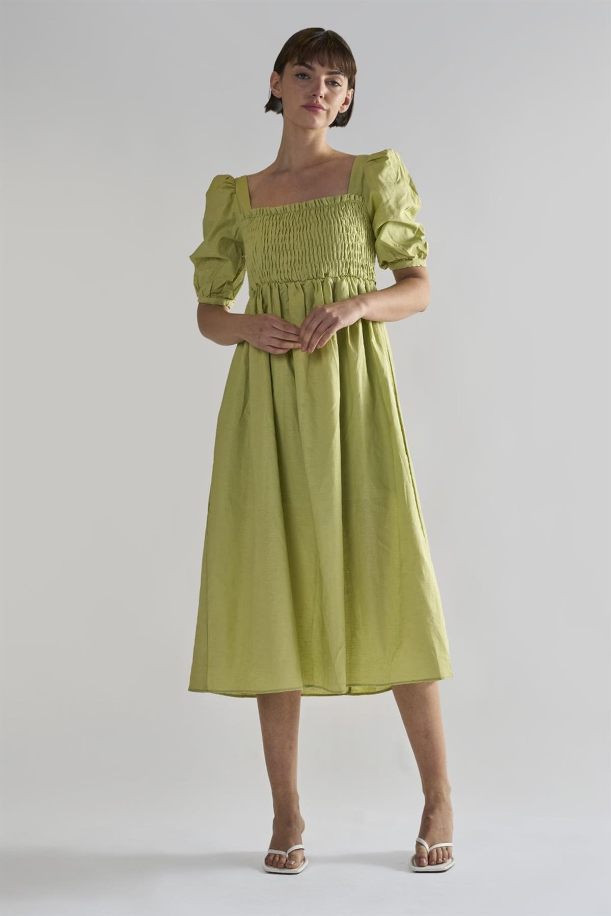 Pistachio Square Neck Short Sleeve Midi Dresses