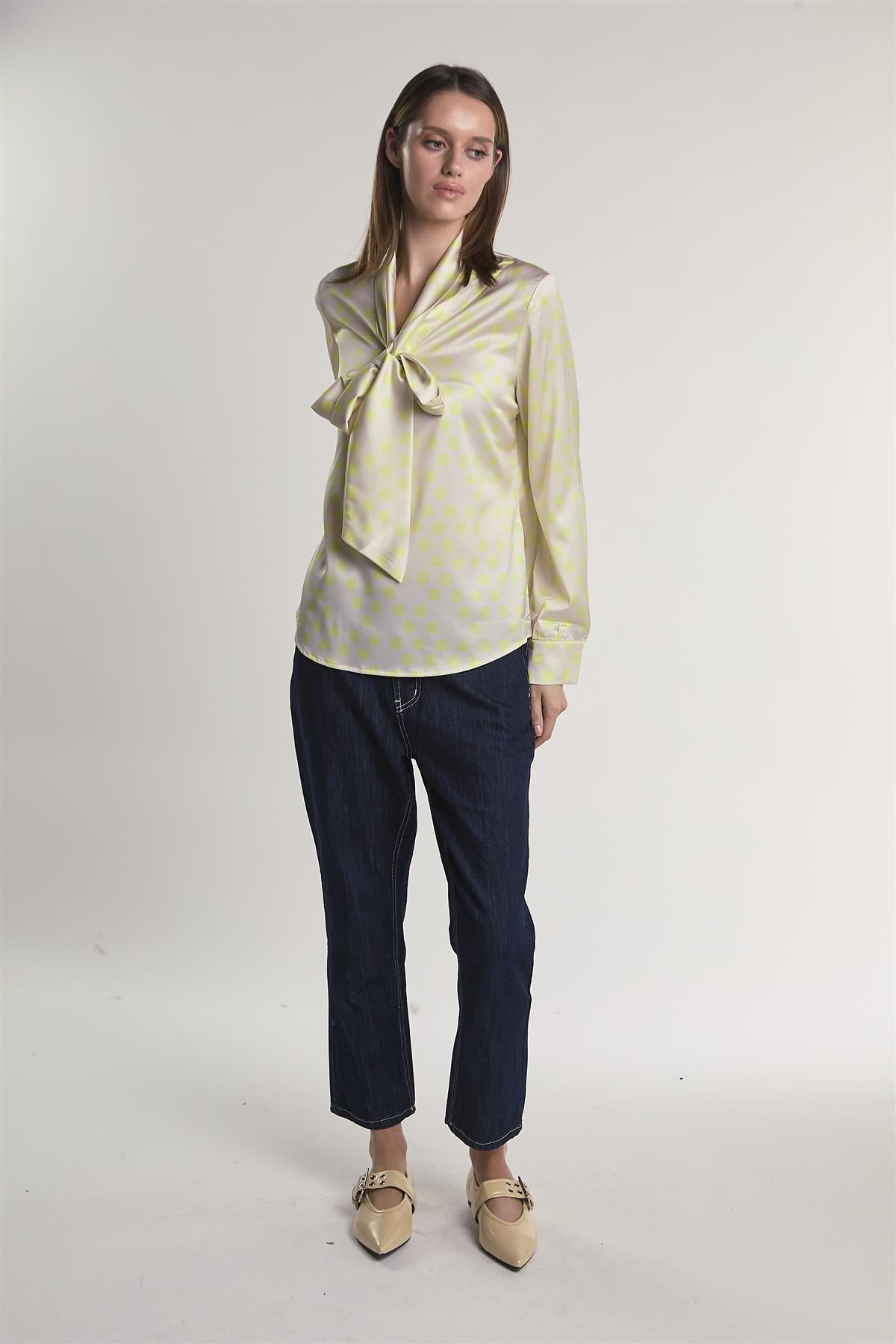 Yellow-Polka-Dot Front-Tie Long-Sleeve-Top