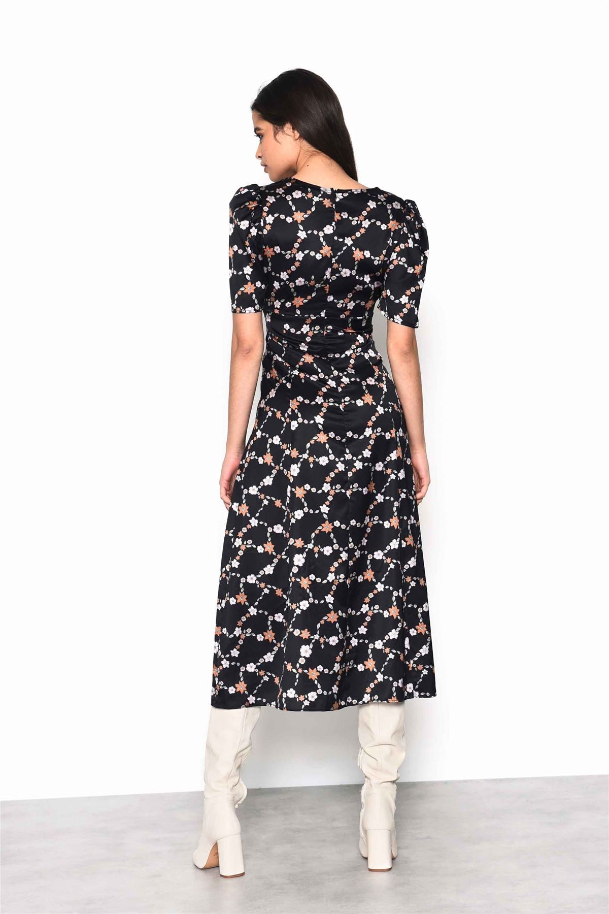 Chain Floral Button Down Midi Dress with Plunging Neckline, Gathered Bust Detail and Puff Sleeves