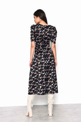 Chain Floral Button Down Midi Dress with Plunging Neckline, Gathered Bust Detail and Puff Sleeves