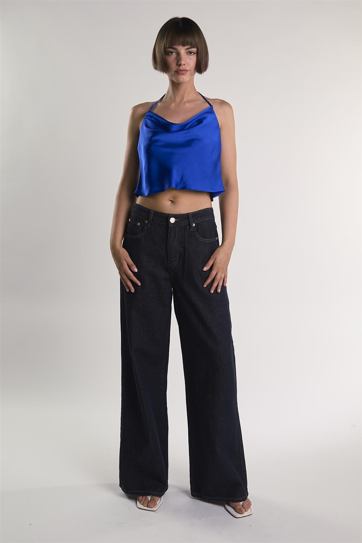 Royal-Blue-Sateen Halter Crop-Top