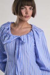 Light-Blue-Pink-Stripe Gathered-Neck Midi-Dress