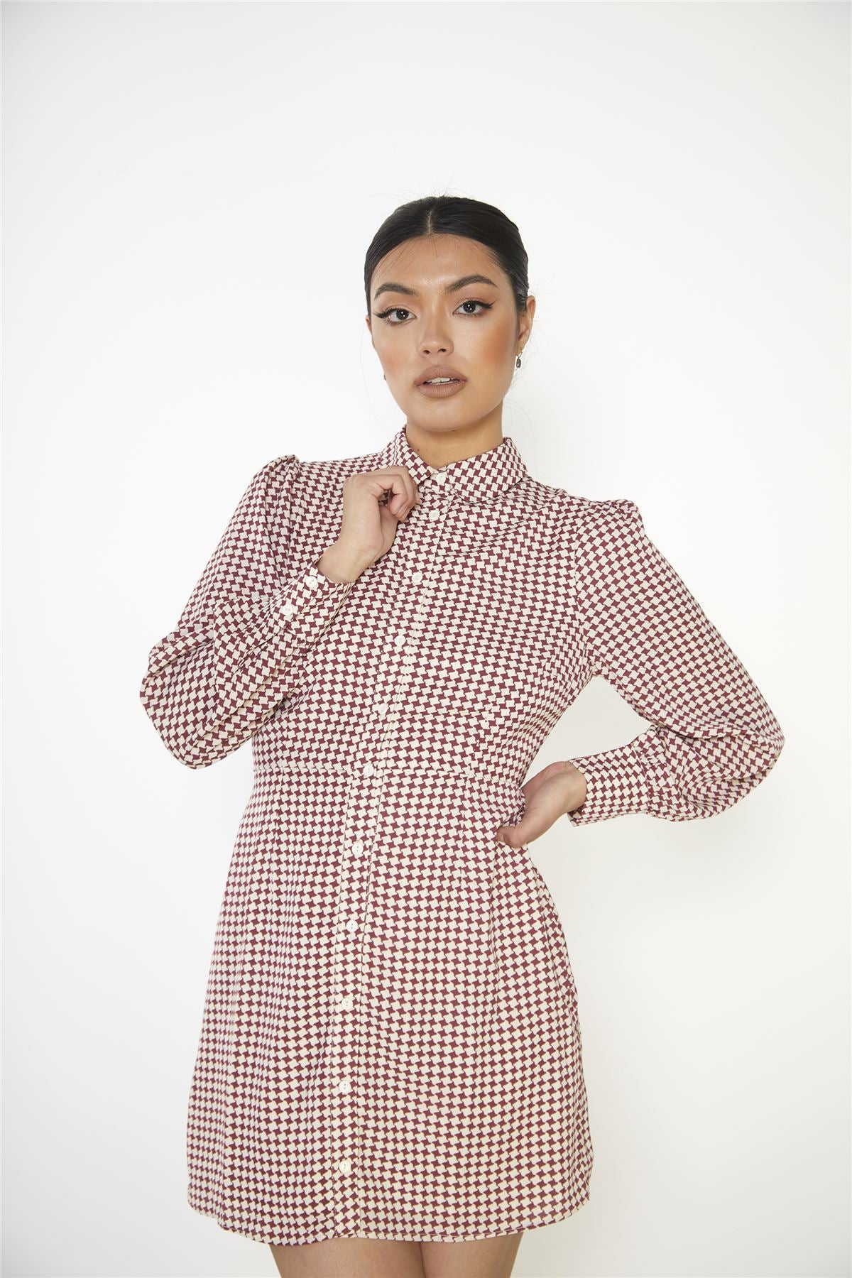 Burgundy Geometric Check Long Sleeve Mini Shirt Dress with Peter Pan Collar