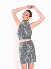 Black White Sequin High Neck Backless Crop Top