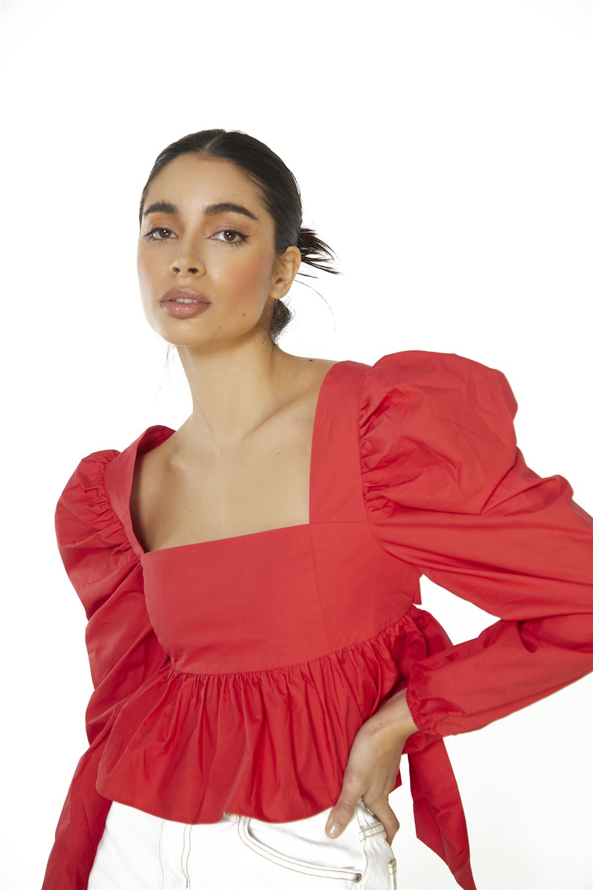 Red Puff Long Sleeve Open Back Top