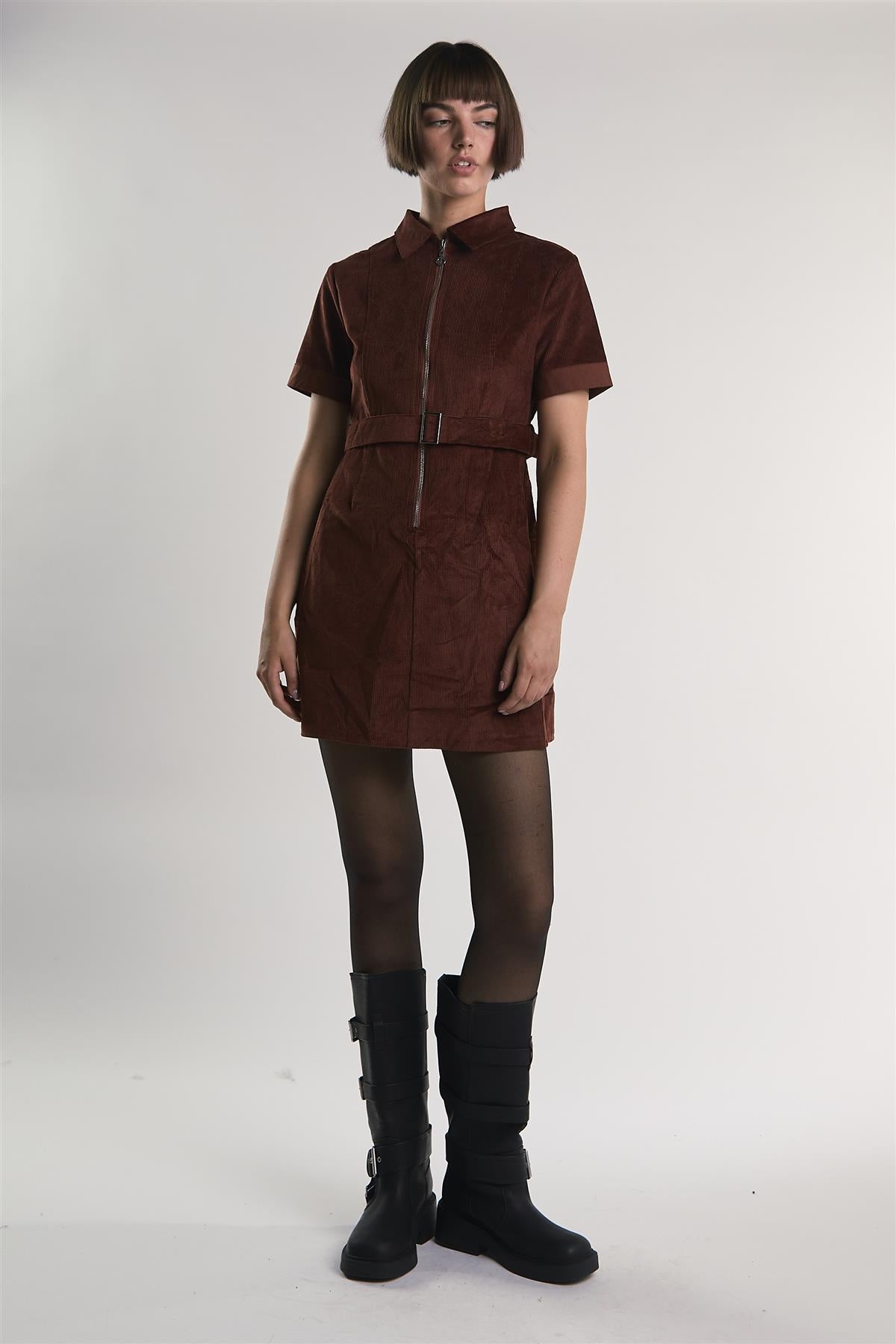 Rust-Corduroy Half-Sleeve Mini-Dress