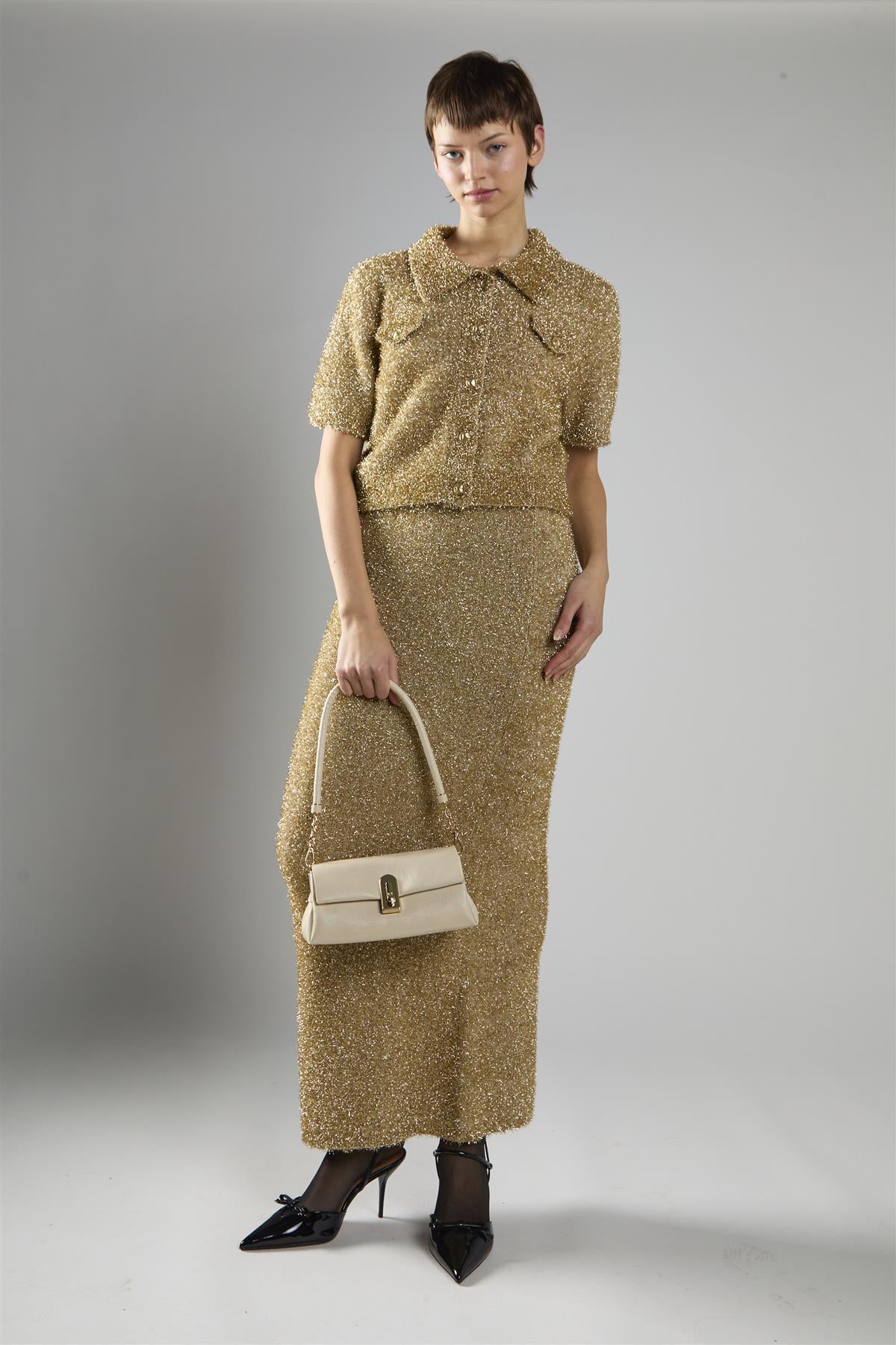 Gold Tinsel Button-Front Collar Short Sleeve Top