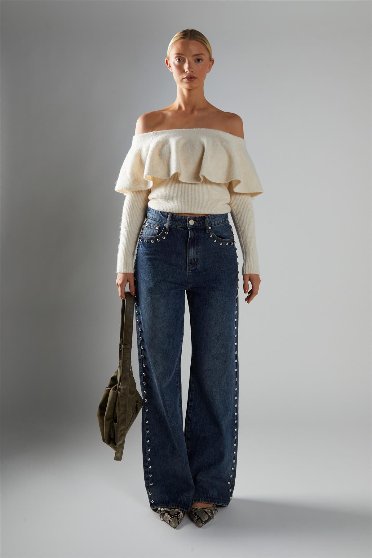 Dark-Stonewash Wide-Leg Studded-Jeans