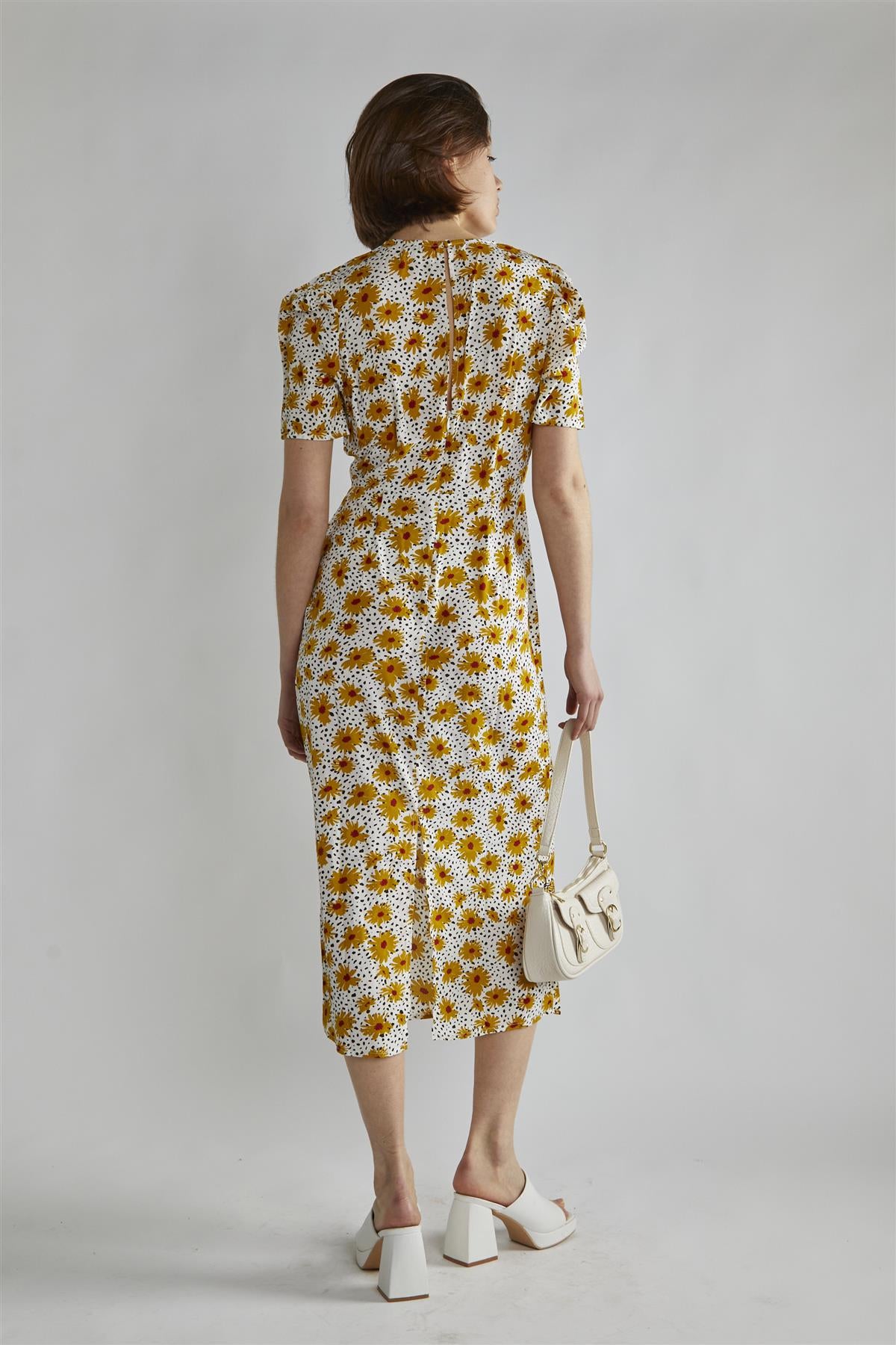 Yellow-Floral-Black-Dot Short-Sleeve Midi-Dress