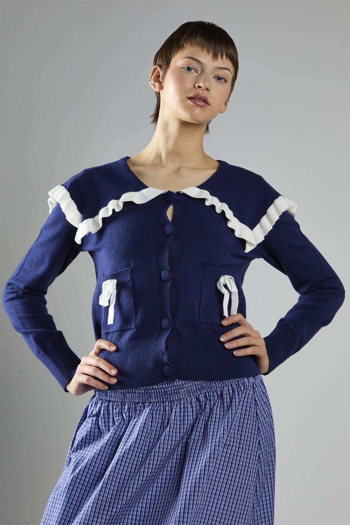 Navy-White Collared Cardigan