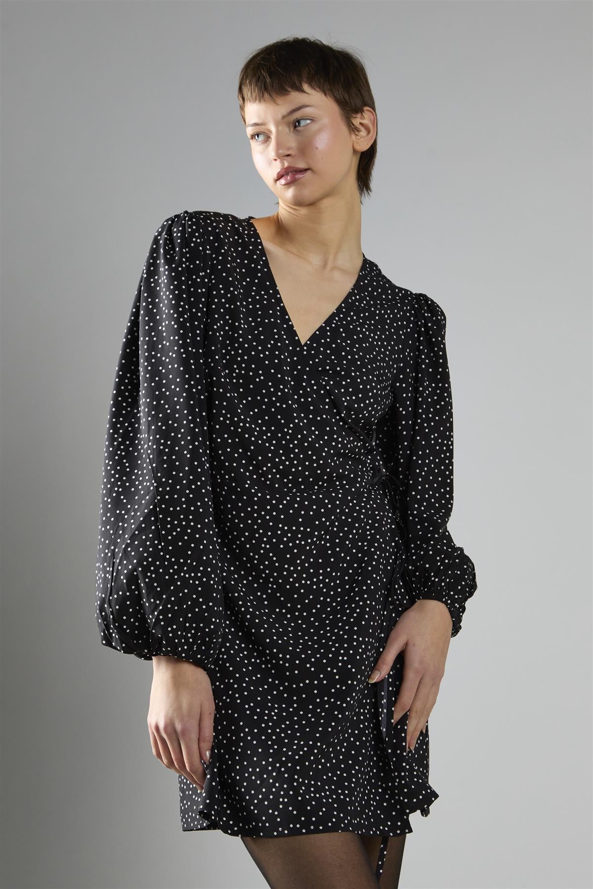 Black Polka Dot Wrap Mini Dress