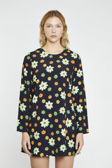 Black-Green-Flower Long-Sleeve Mini-dress