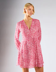Red Leopard Chiffon V-Neck Tie Waist Mini Dress
