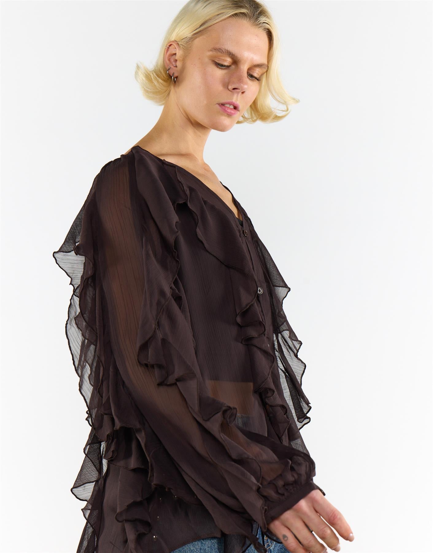 V Neck Ruffle Details Blouse - Deep Brown