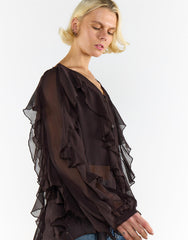 V Neck Ruffle Details Blouse - Deep Brown