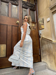 Blue-Ribbon Ruffle-Neck Maxi-Dress