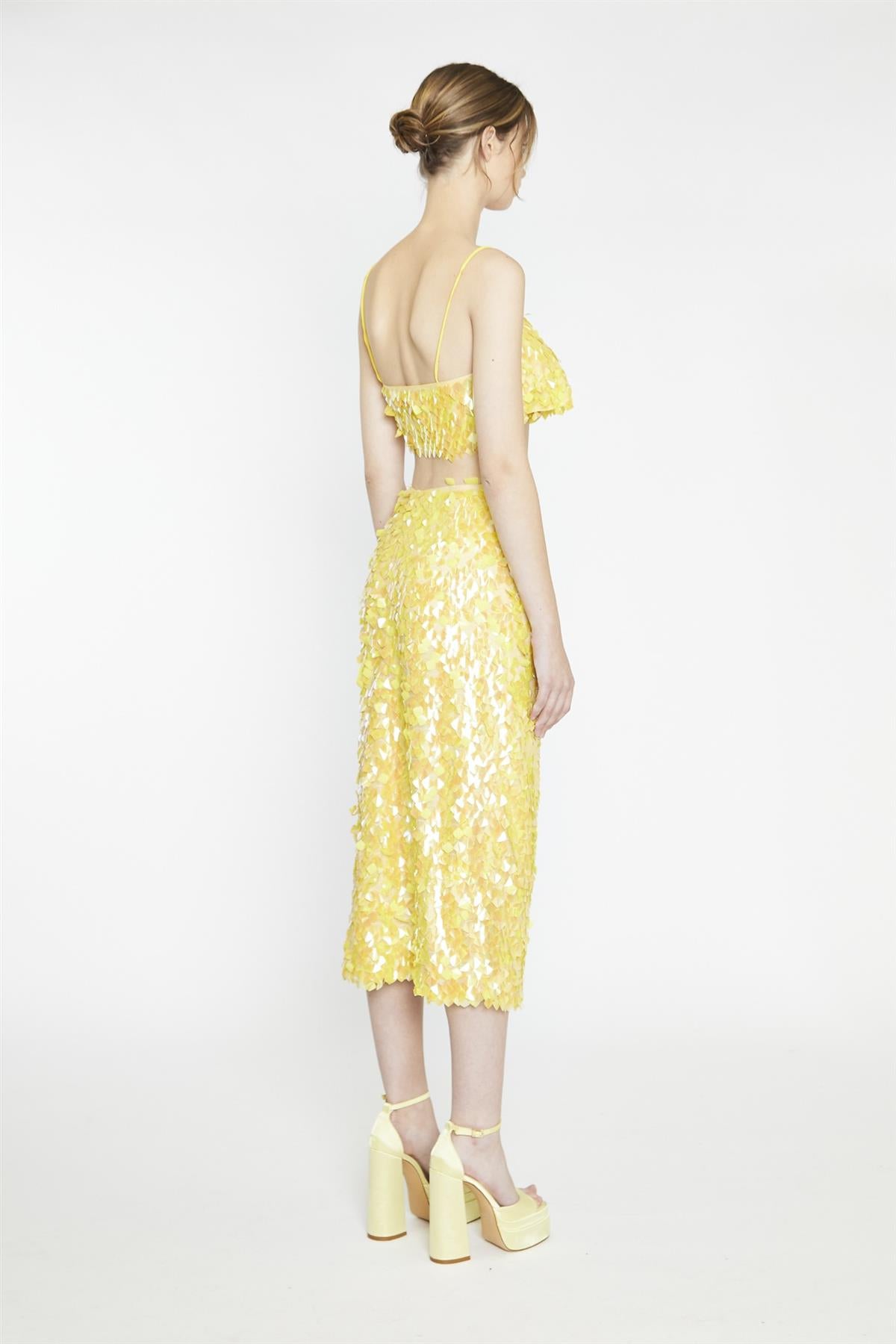 Yellow-Square-Sequin Spaghetti-Strap Crop-Top
