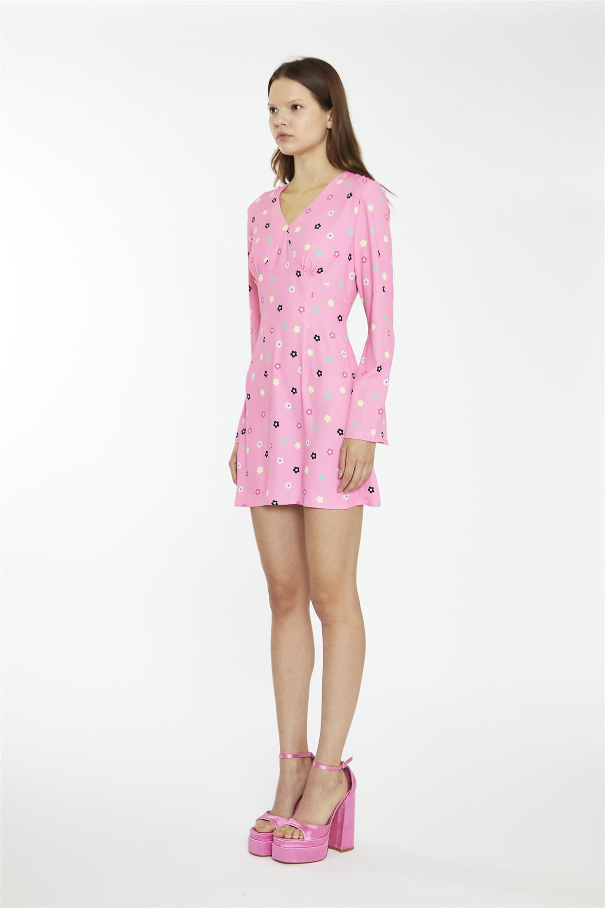 Pink Multi-Flower Fluted Sleeve Mini-Dress