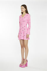 Pink Multi-Flower Fluted Sleeve Mini-Dress