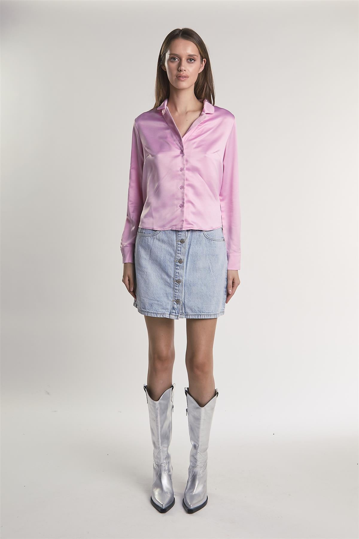 Pink-Sateen Button-Front Long Sleeve-Shirt