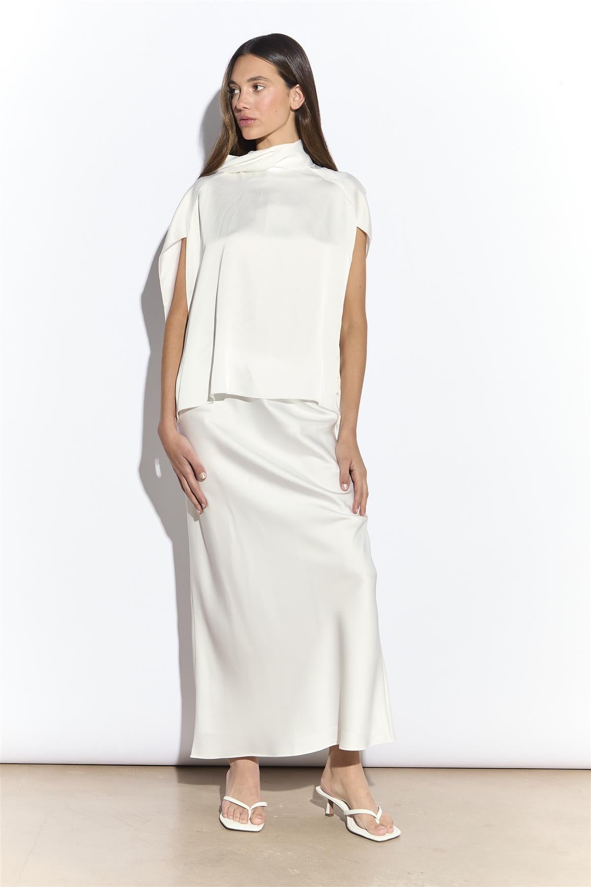 White Satin Bias Midi Skirt