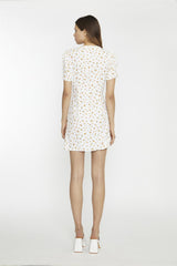 White Orange Ditsy V-Neck Button Down Mini-Dress