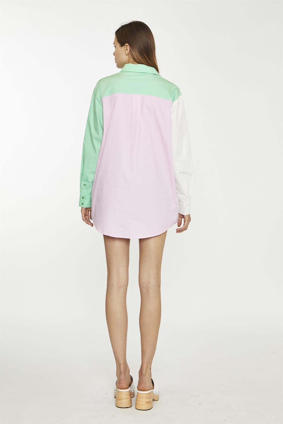 White Green Pink Colour Block Long-Sleeve Top