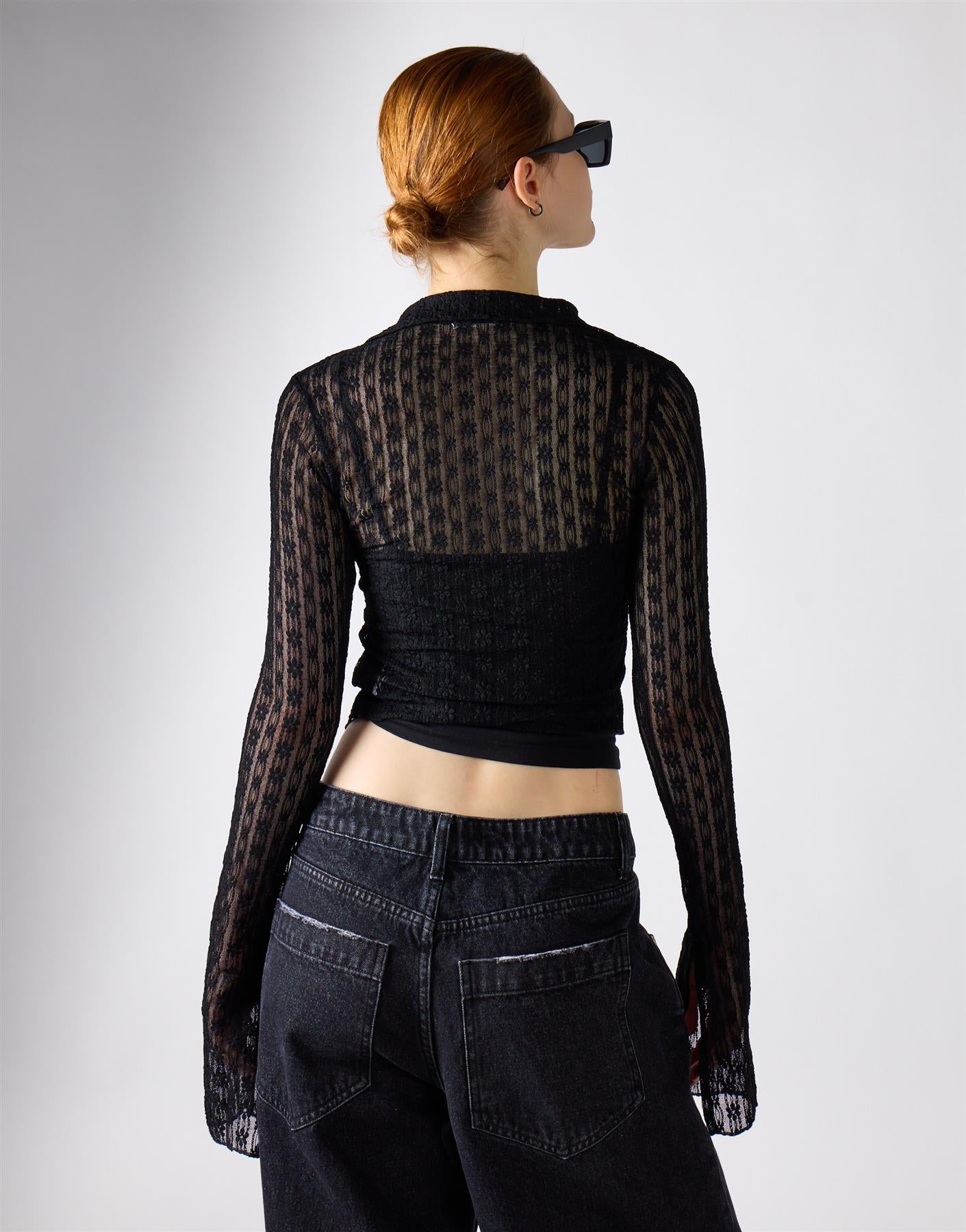 Long Sleeve Collar Top - Black Lace