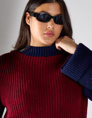 Burgundy Navy Round Neck Knit Jumper