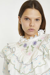 White Blue Pink Ditsy Extreme Ruffle Crop-Top