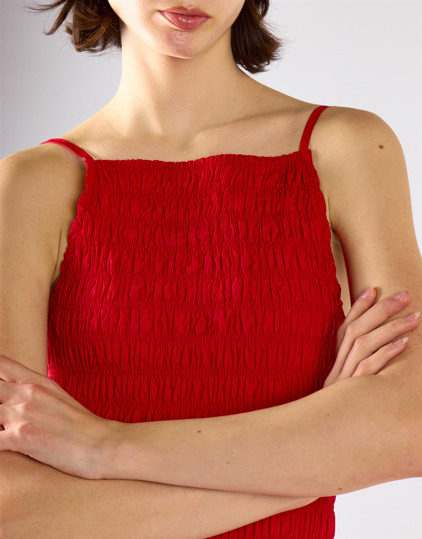Red Shirring Body Boat Neck Maxi Dress