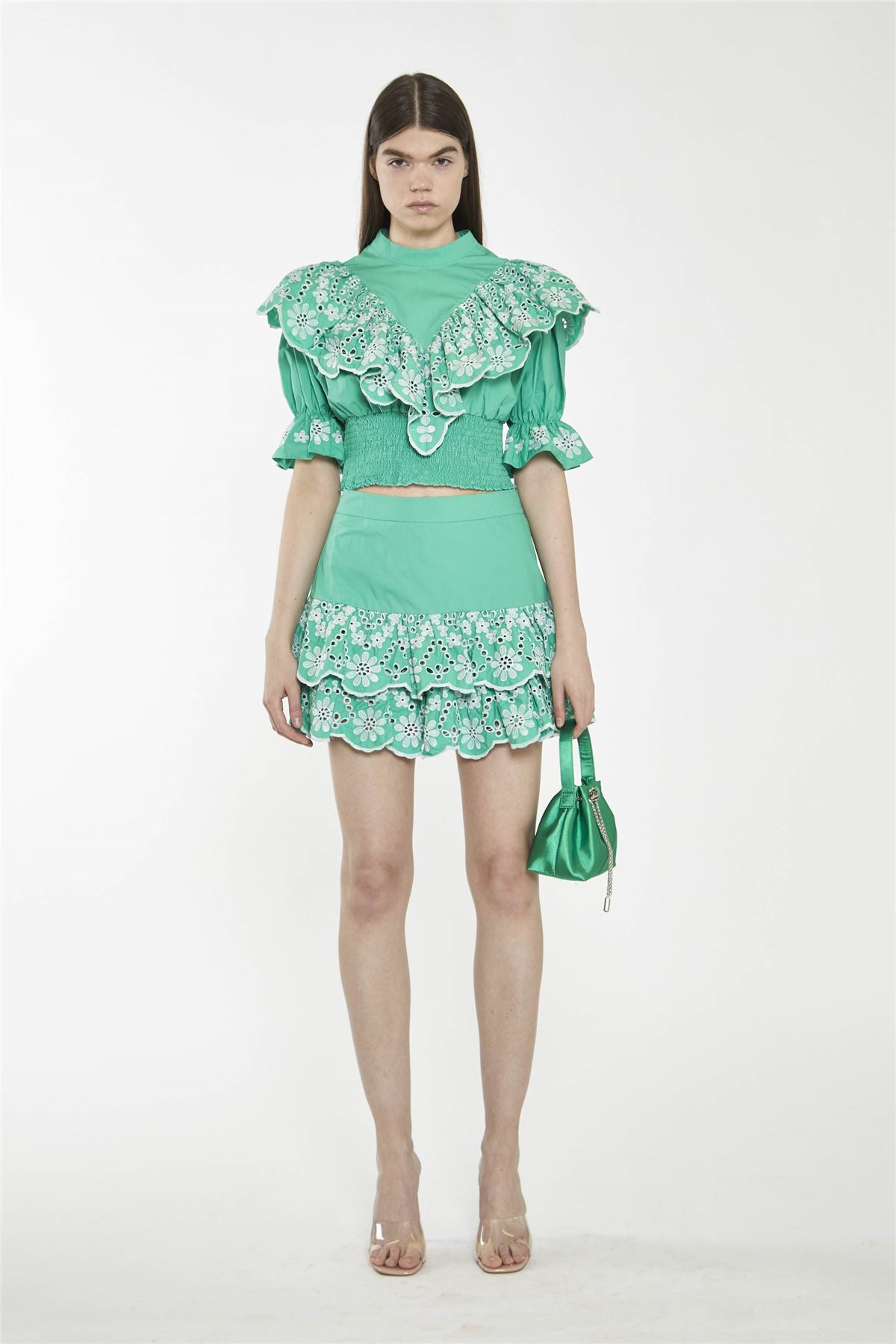 Green Broderie Ruffle Crop Top