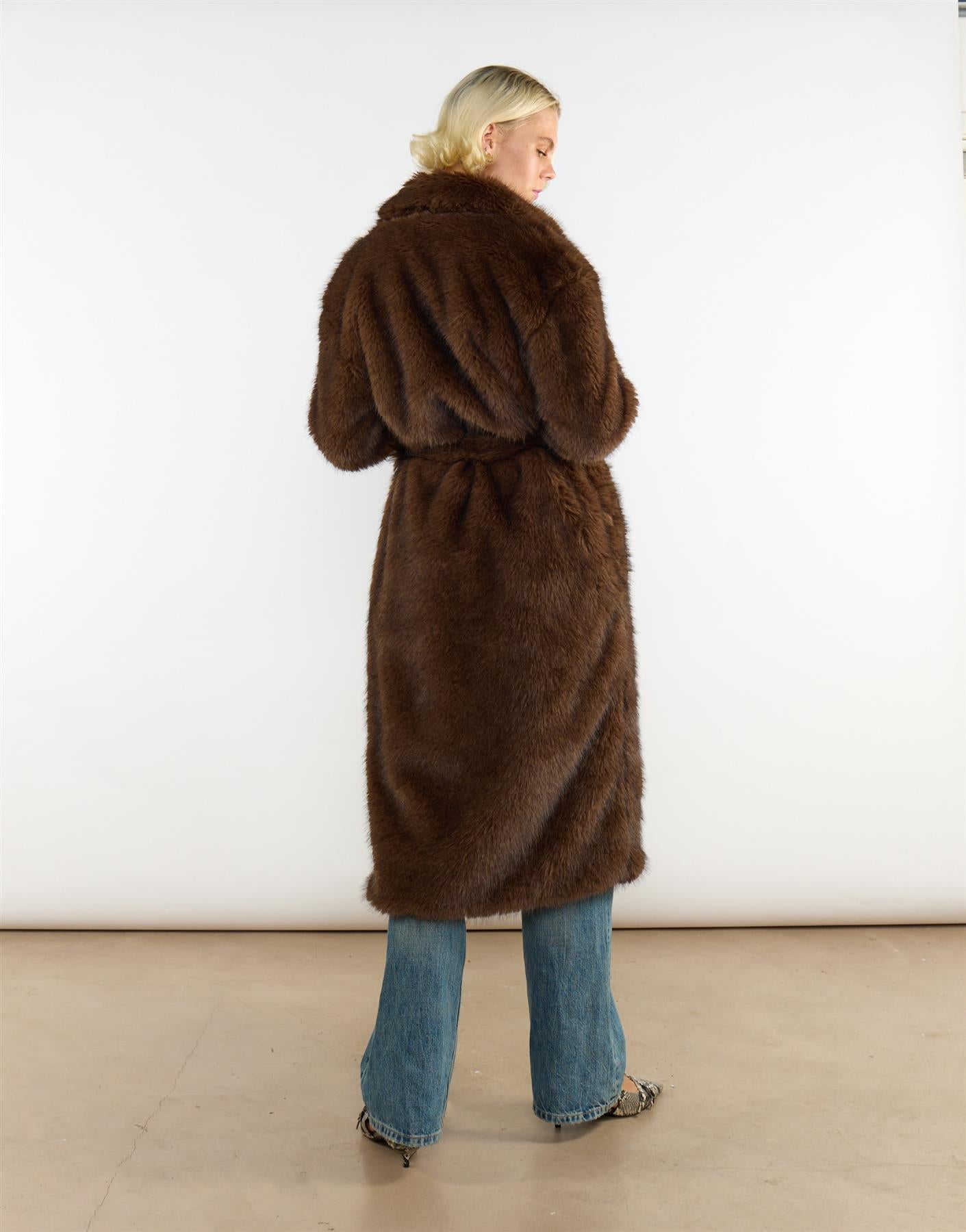 Belted Faux Fur Longline Coat in Brown