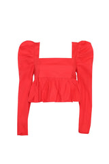 Red Puff Long Sleeve Open Back Top