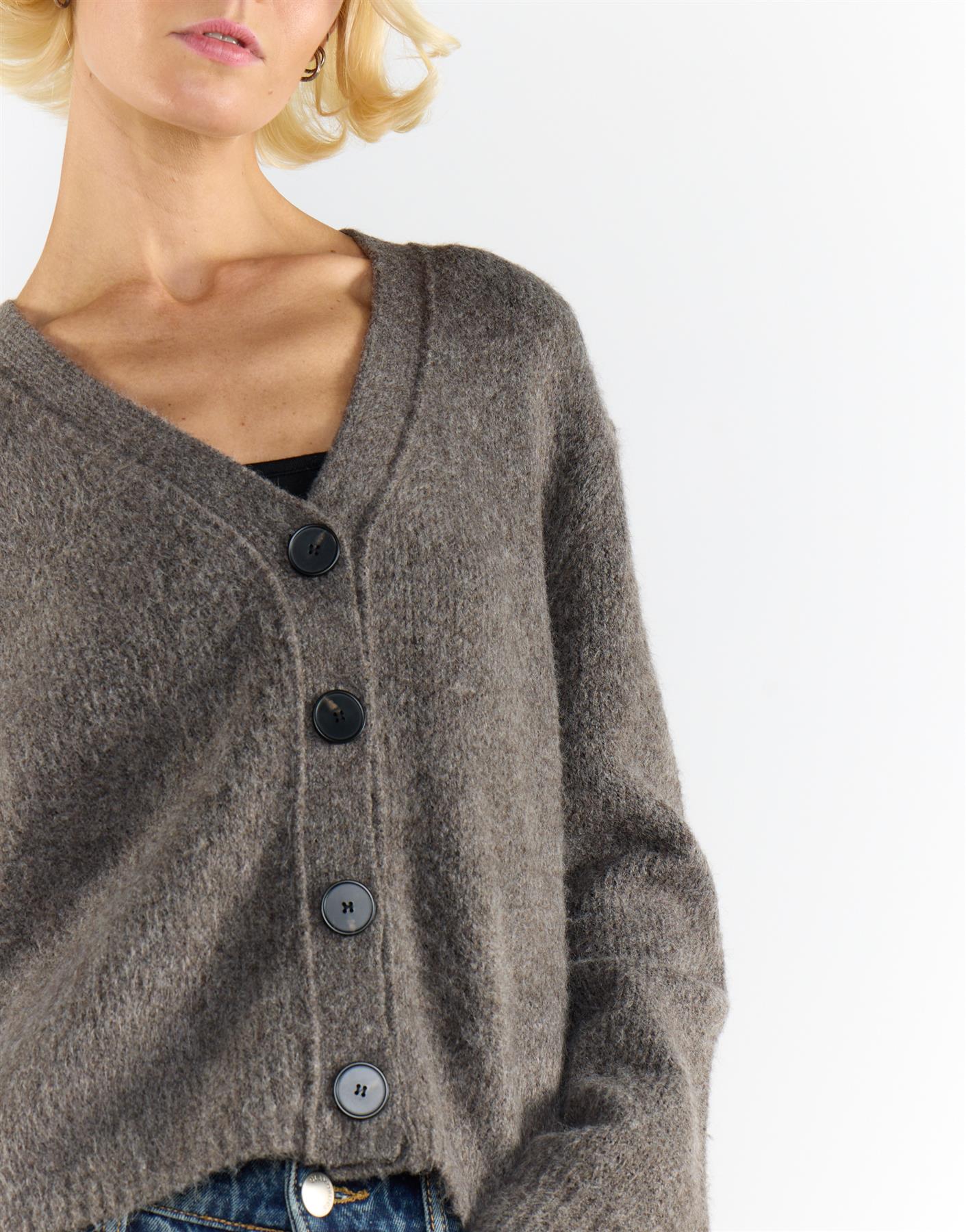 Charcoal V-Neck Button-Front Long Sleeve Cardigan