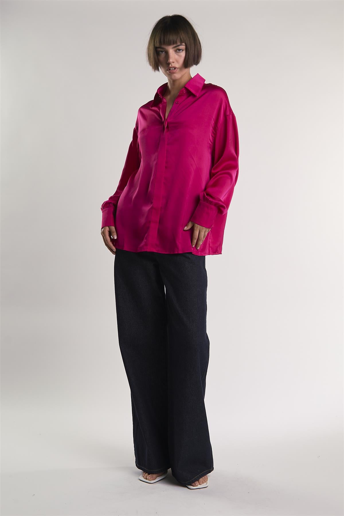 Raspberry-Sateen Long-Sleeve Shirt