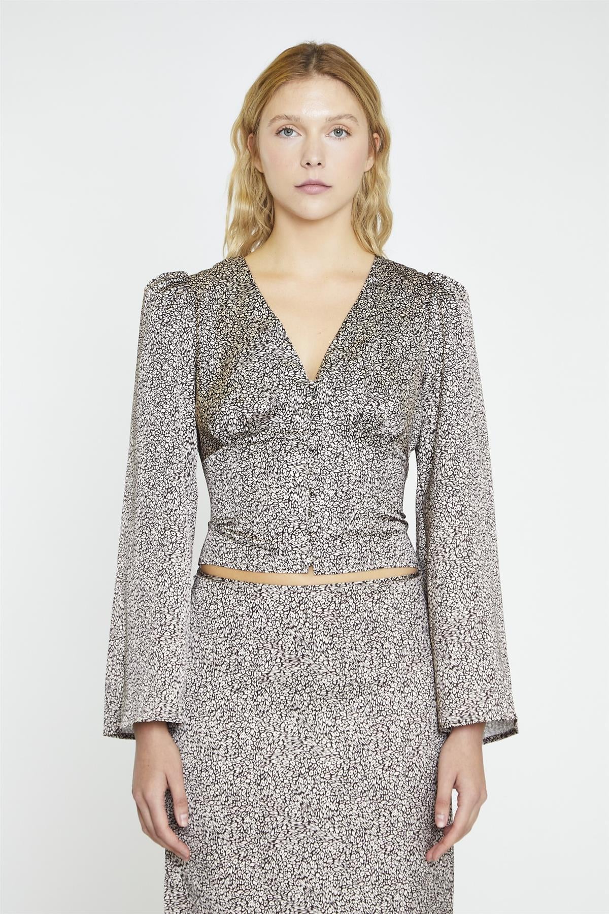 Leopard-Swirl Long-Sleeve Button-front-Top