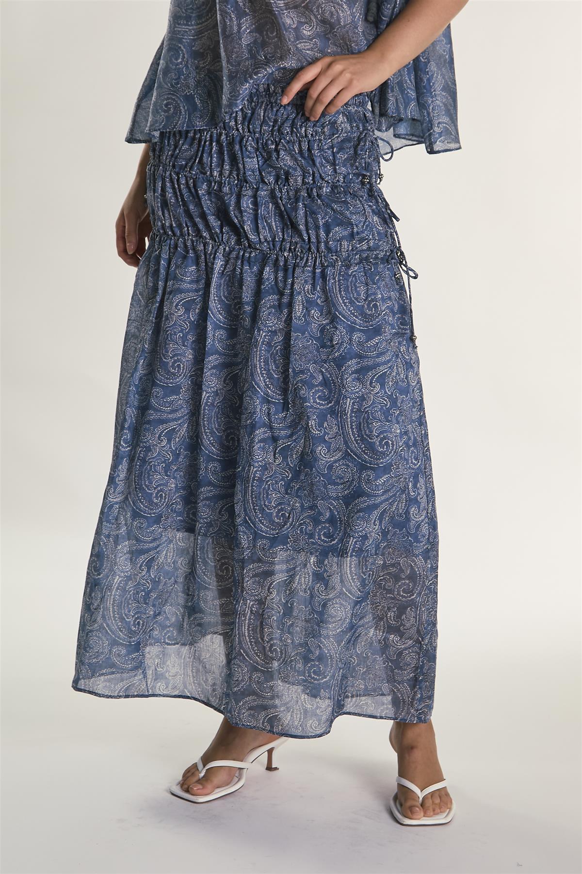 Blue Paisley Ruched Flowy Midaxi Skirt