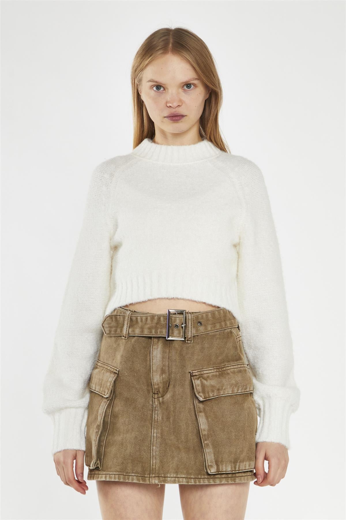 Denim Combat Mini Skirt - Light Brown Wash