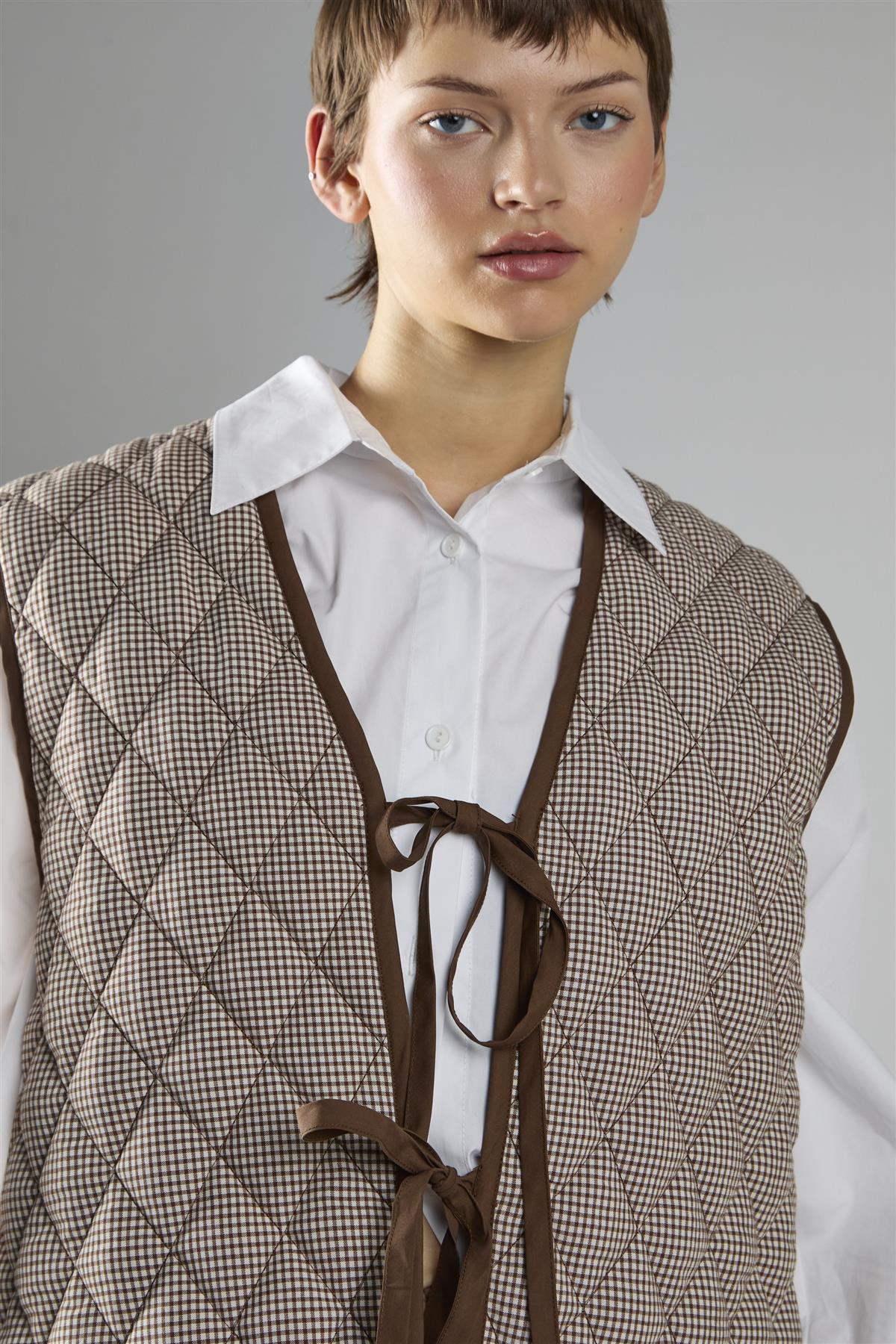 Brown Cream Gingham Quilted Front Tie Gilet