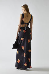 Black-Orange Flower Hanky-Hem Tie-Back Crop-Top