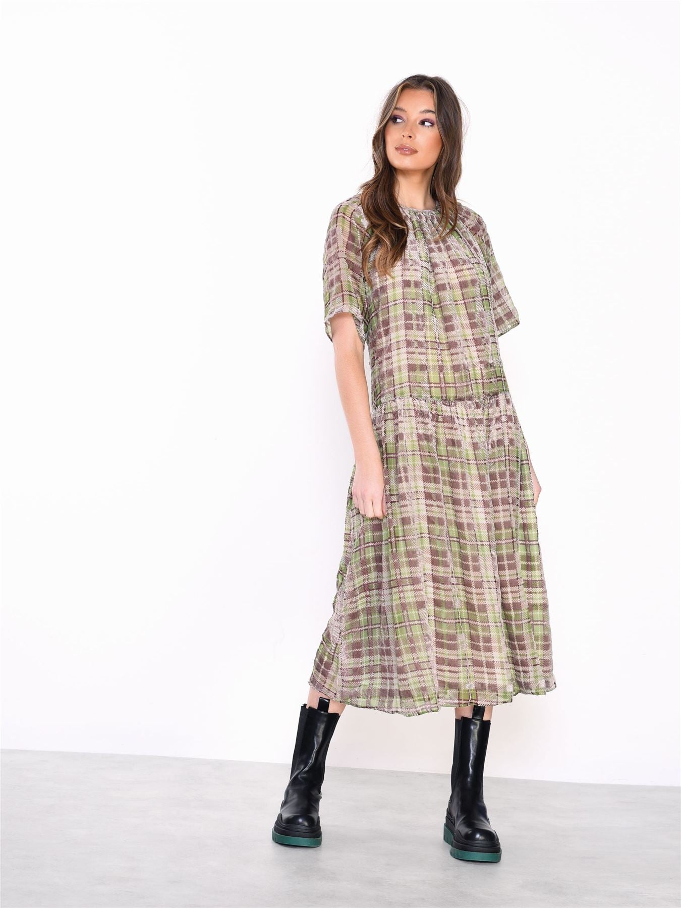 Green Devore Check High Neck Short Sleeve Midi Dress