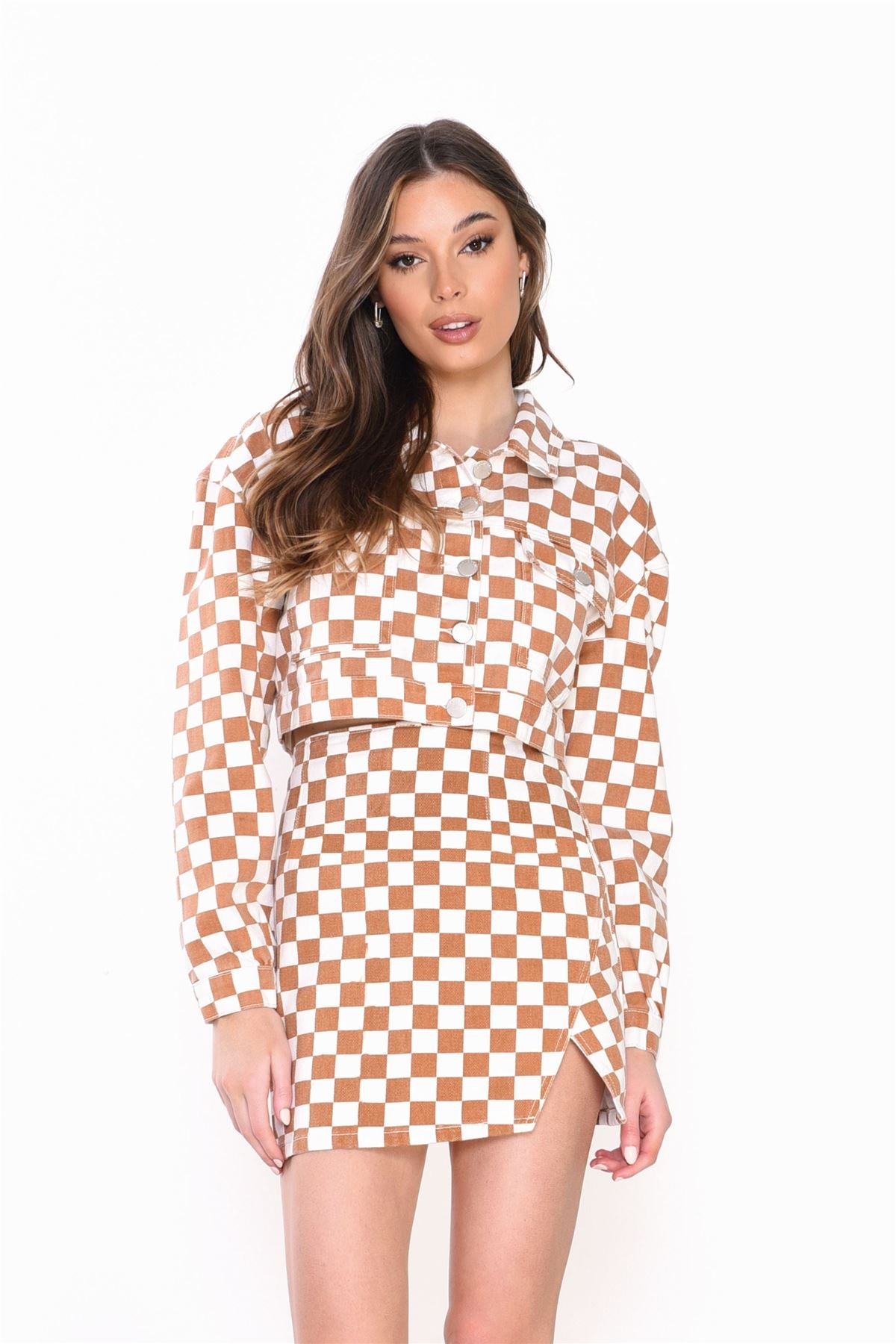 Brown White Checkerboard Pattern Denim Cropped Jacket