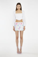 White Long Puff Sleeve Tie-Detail Crop-Top