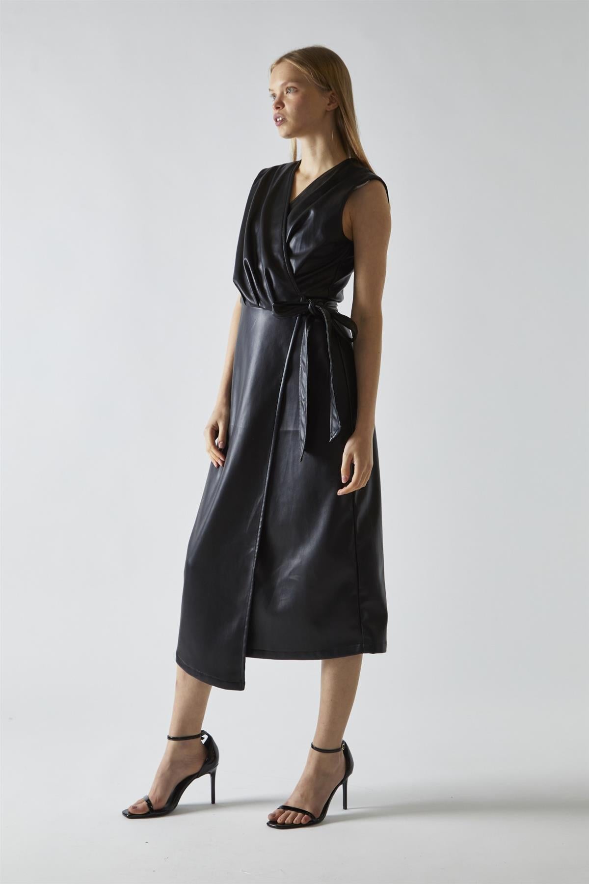 Black-Pu Wrap Midi-Dress