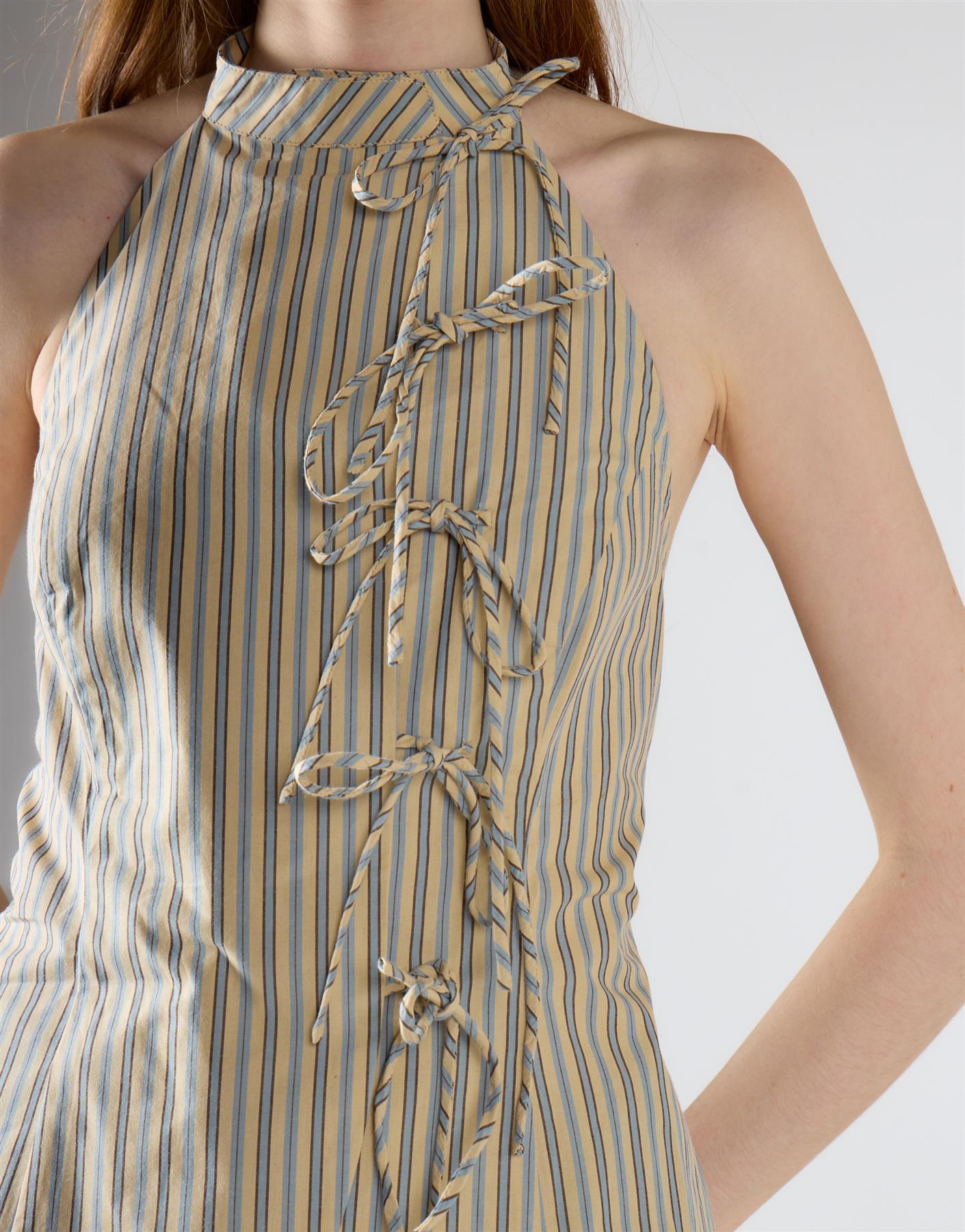 Stone Blue Stripe High Neck Bow Detail Top