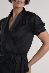 Black-Sateen Crossover-Tie Mini-Dress