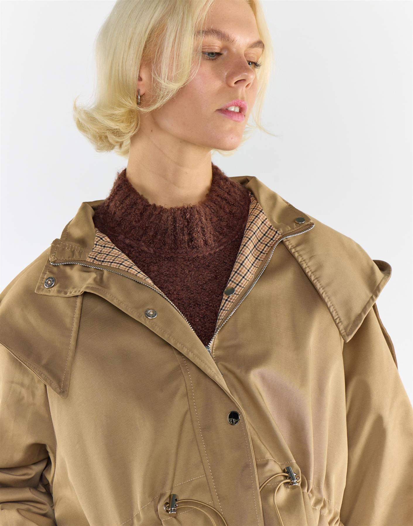 Beige Trench Jacket With Hood and Check Lining